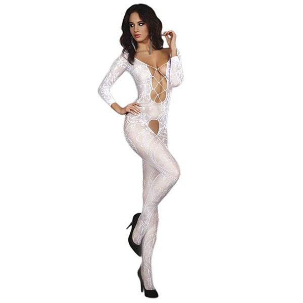 V-TiNG Bodystocking Sexy Net Catsuit Fine Lace Lingerie Underwear Sexy Lingerie Jumpsuit Long Sleeve Open Crotch, White W