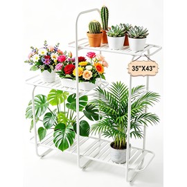 YOBAZAN 3 Tier Plant Stands for Indoors and Outdoors,Flower Pot Holder Shelf for Multi Plants,White Metal Plant Stand for Patio, 35.4" L x 12.2" W x 43.3" H