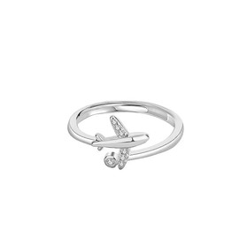 Cute Plane Open Rings Sterling Silver Plated Adjustable Cubic Zirconia Crystal Dainty Finger Band Rings Open Aircraft Jewelry Promise Engagement for Women Valentine's Day Daughter Girlfriend Gift
