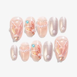 Sun&Beam Nails Handmade Nail Tip, Medium, Long, Oval, False Nails, Pink, Flesh Color, Mermaid Design, Popular, Stylish, Cute, False Nails, Set of 10 (#104 S)