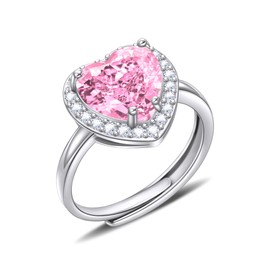 HMOOY Heart Shaped Rings for Women, Love Heart Birthstones Ring Cubic Zirconia Rings Simulated Diamond Rings Adjustable Engagement Promise Wedding Rings Gifts (Pink)