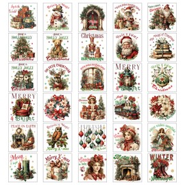 30pcs Retro Vintage Christmas Rub on Transfer Stickers Furniture Crafts Santa Decals for Wood Scrapbook Door Window Scrapbook DIY Home Office Decor Wood Fabric Envelope Crafts 3 x 3 Inch