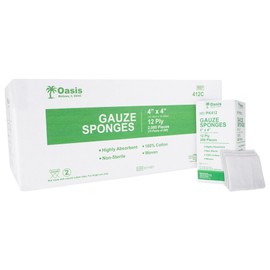 Oasis 4 x 4 inch Gauze Sponges, 100% Cotton, 12-Ply Woven Non-Sterile Gauze, 1 Case of 2000 (10 Packs of 200)