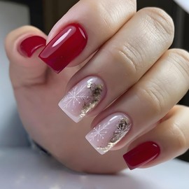 Christmas Press on Nails Short Square, Christmas Red Fake Nails with Gold Foil Snowflakes Nail Tips Designs Stick on Nails Winter Xmas Cute False Nails Full Cover Acrylic Nails for Women 24Pcs