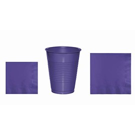Baxters Party Bundles Bulk, Regal Purple, 40 Count 16 Ounce Plastic Cups, 50 Count Beverage Cocktail Paper Napkins, 50 Count Luncheon Paper Napkins, Pack Contains 140 Pieces Made in The USA