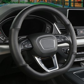 Cxtiy D Shaped Steering Wheel Cover, Genuine Leather Flat Bottom Stearing Wheel Cover Luxury Car Accessories 14.5-15 Inch (Black)
