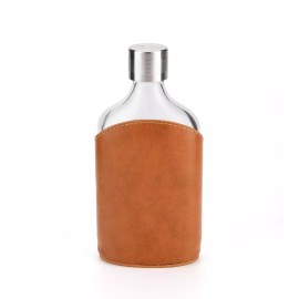 Top Shelf Flasks 6oz Glass Hip Flask, Screw on Cap, Brown Cow Leather Case, Personalizatio