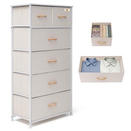 VredHom Fabric Dresser for Bedroom, Tall Skinny Dresser with 6 Drawers, Storage Organizer Tower, Steel Frame Wooden Top for Closet, Living Room, Hallway(Beige)