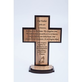 The Lord’s Prayer Wood Standing Table/Altar Cross (5.5 Inch English) - KJV Scripture Matthew 6:9-13, Engraving of 'Our Father Prayer' on Wooden Blocks
