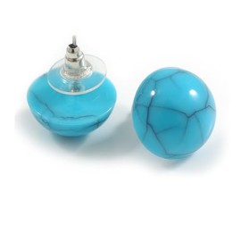 Light Blue Stud Earrings – 15mm Button Shape with Black Cracked Effect – Lightweight Design