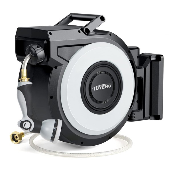 Tuyeho Retractable Garden Hose Reel 100FT, Wall Mount Heavy Duty