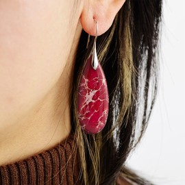 SELOVO Red Teardrop Stone Dangle Drop Fishhook Earrings Silver Tone