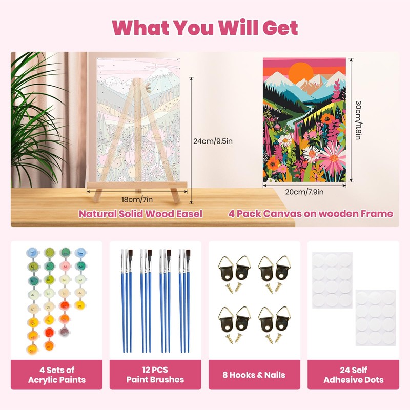 4 Pack Paint by Numbers Kits for Adults Beginners Framed