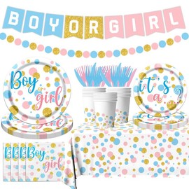 142Pcs Baby Gender Reveal Party Supplies, Boy or Girl Gender Reveal Plates and Napkins Pink Blue Baby Shower Tableware Set for Boy Girl Birthday Gender Reveal Party Decorations