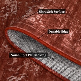 GAOMON 9x12 Foldable Large Rugs for Living Room Bedroom Non-Skid Stain Resistant Accent Carpet Machine Washable Vintage Distressed Area Rugs Low-Pile Retro Floral Print Floor Cover, Red