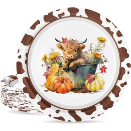 JarThenaAMCS Fall Paper Plates Highland Cow Pumpkin Floral Disposable Plates 9 Inch Tableware Farmhouse Dinner Plates for Autumn Thanksgiving Home Party Decor, 50Pcs
