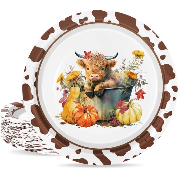 JarThenaAMCS Fall Paper Plates Highland Cow Pumpkin Floral Disposable Plates