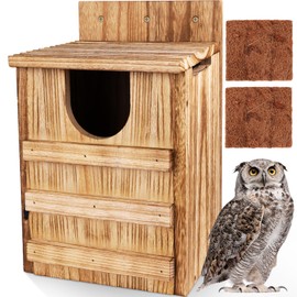 TAGEPUJIE Owl House, Large Wooden Owl Nesting Box for Outside (8.7" x 7.5" x 14.2"), 3.3" Predator-Deterrent Entrance, Side Vent Holes & Bottom Drainage, Includes 2 Coco Liners, Easy Assembly