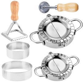 6 teiliges Ravioli Dumpling Former Set, GOMETY Edelstahl Teigtaschenformer mit Ravioli Ausstecher und Teigrädchen, Knödelmaschine mit Holzgriff für Dumpling Ravioli machen