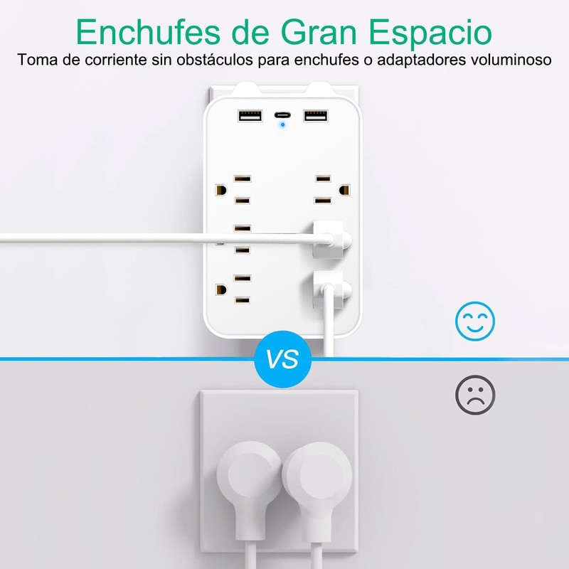 Multicontacto de Pared 6 Tomas con 3 USB, Protección Contra