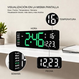 Reloj digital de 13 pulgadas, doble alarma con modo de memoria, brillo ajustable, reloj electrónico de pared LED con temperatura/fecha/día de la semana para casa, colegio, oficina（Fecha en español）