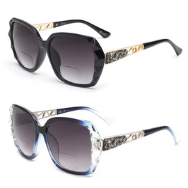 JM Bifocal Reading Sunglasses, Oversized Sun Reader Lenses for Women UV Protection Outdoor, Black and clear blue