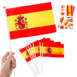 10pcs Small Spain Flags on Sticks & 2pcs Tattoos, Spanish Oly 2024 Decorations Mini Spanish Flags Hand Held Flags for Oly Games 2024 Sports Events National Day Party Decorations
