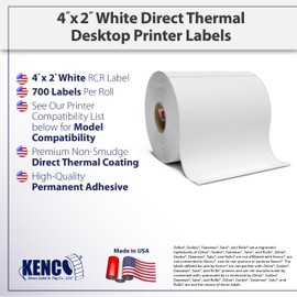 4” X 2" Direct Thermal Perforated Stickers Labels for Barcodes, Address, Small Business Labeling, Inventory and Color Coding - Compatible with Zebra, Rollo, Munbyn, and More (White, 12 Rolls)