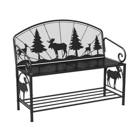 HavenlyYouth Outdoor Bench, Garden Bench with Backrest and Armrests, Patio Bench with Forest Series Pattern, Anti- Rust Thickened Metal Bench Outdoor for Garden, Yard, Patio, Porch, Lawn and Park