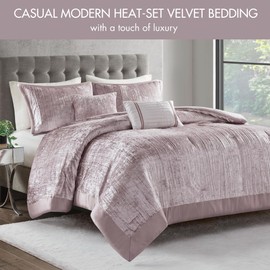 Madison Park King Comforter Set, Luxe Velvet, Satin Binding Comforter for a King-Size Bed, Cozy Velvet Comforters, All Seasons, Lightweight, Down Alternative Bedding, King/Cal King, Blush 5 Piece