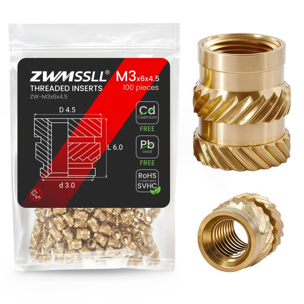 ZWMSSLL M3 Heat-Set Threaded Inserts, M3x6x4.5mm(100Pieces) Heat Set Insert for