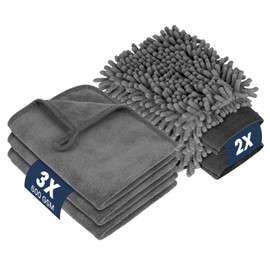 flintronic Car Care Set 5 Pieces with 3 Drying Cloths and 2 Wash Mitts Car, 600 GSM Microfibre Cloths Car, Polishing Cloths Dry Cloth for Polishing Drying, Extra Absorbent Soft 40 x 30 cm