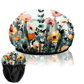 Deokke Luxury Shower Cap Terry Lined Elastic Triple Layer Waterproof Reusable Dry Hair Bathing Caps Aesthetic Cute for Women Girls-Leaf Flower