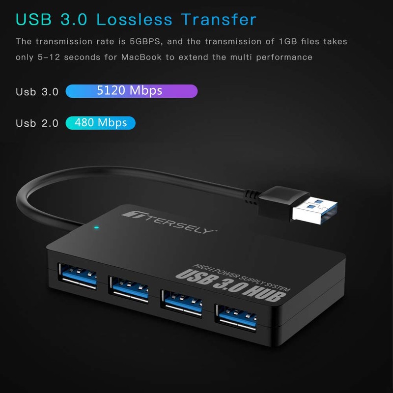 T Tersely 4-Port USB 3.0+2.0 Hub, Ultra Slim High Speed