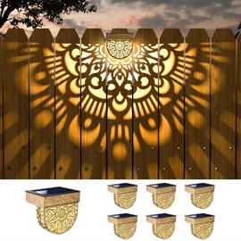 EKQ 6 Pack Solar Fence Lights Solar Outdoor Wall Lights Plastic Solar Powered Deck Step Stair Lights Moon Theme Waterproof Fence Solar Light for Garden Post Patio Backyard Yard Decor (Gold, 6 Pack)
