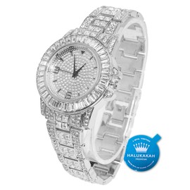 Halukakah Diamonds Gold Watch Iced Out,Men's Platinum White Gold Plated 38MM Width Round Dial Quartz Wristband 8.7",Free Giftbox