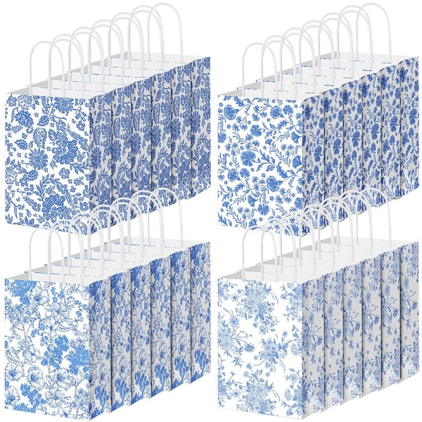 Honoson 24 Pcs Blue White Floral Paper Gift Bags with