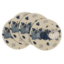 Artoid Mode Navy Blue Pumpkins Eucalyptus Leaves Round Fall Placemats Set of 4, 14 Inch Thanksgiving Round Table Mats for Dining Decoration
