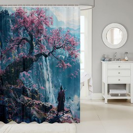 Erosebridal - Cortina de ducha de estilo japonés, diseño de flores de cerezo para niños, niñas, adolescentes, espadachín samurái, cortina de ducha de tela, cortina de baño de paisaje de montaña, lago,