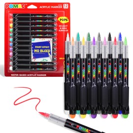 POMAC Art Drawing Acrylic Markers for Fabric, Soft Brush Tip, 12 Pack Acrylic Paint Pens,Canvas, Rock, Glass, Wood, Paper, DIY Crafts, School and Art Supplies,Direct Liquid