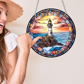 Ciieeo Stained Glass Window Hanging Lighthouse with Chain Mediterranean Style Garden Ornament Gift for Window Wall Home Wedding Party Decor