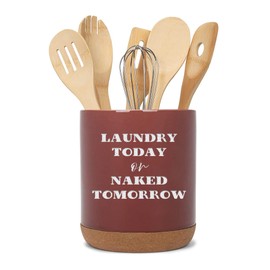Elanze Designs Laundry Today or Naked Tomorrow X-Large Cork Bottom Ceramic Stoneware Cleaning Supplies Holder, Spatula Caddy, Crock Container, Kitchen Storage Organizer Home Décor, Burgundy Red