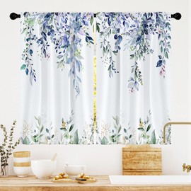 Visioun Eucalyptus Blue Green Leaves Kitchen Curtains Rustic Floral Flower Botanical Farmhouse Small Short Cafe Window Curtain Retro Plant Spring Rod Pocket Tier Window Treatment Drapes (27.5x39 Inch)
