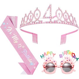 YARIEW 4th Birthday Decorations for Girls, 4th Glitter Sash and Crown Kit with Happy Birthday Sunglasses, Tiara Princess Crown and Sash Party Outfit Accessory