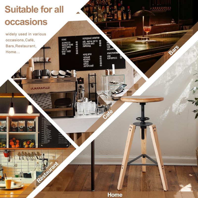 LOKKHAN Adjustable Height Swivel Bar Stool - Industrial Rustic Style,