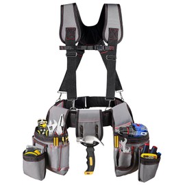 Tool Belt With Suspenders, 22 Pockets Tool Bags, Multi-Functional Adjustable Waist Tool Belt Heavy Duty Tool Organizer Suitable for Electrician,Framers,Carpenter, Construction (Gray, medium)