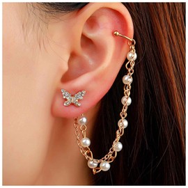 Allereya Vintage Pearl Cuff Chain Earrings Gold CZ Butterfly Stud Earrings Dangle Pearl Necklace Cartilage Earrings Helix Cuff Chain Earrings Jewellery for Women and Girls