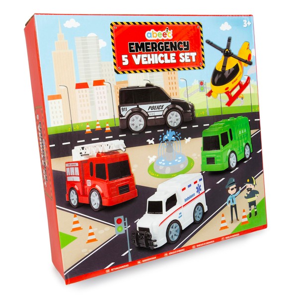 abeec Emergency Vehicles Toys Set x 5 - Ambulance Toy, Fire Engine, Police Car, Toy Helicopter, And Bin Lorry Toy - Ideal Birthday Present for Kids - Emergency Services Toys