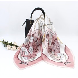 ANDANTINO 100% Pure Mulberry Silk Scarf 35" Large Square Lightweight Headscarf –Women’s Hair Wraps-With Gift Packed (Light Pink&White)