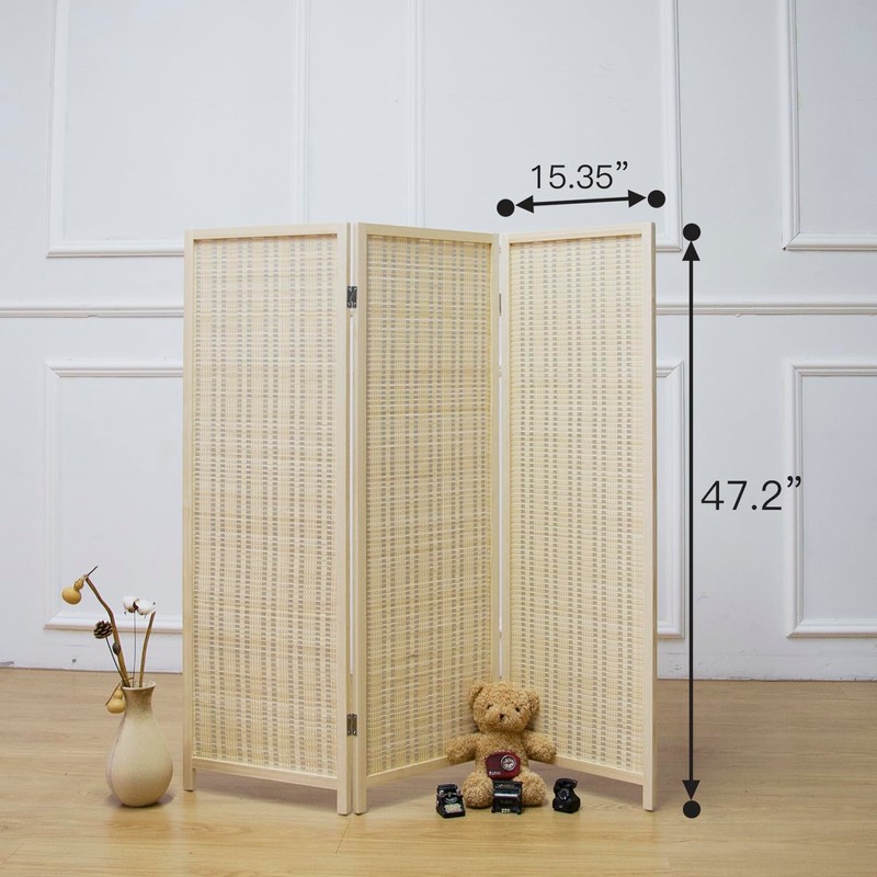 Furnnylane 3 Panel Short Room Divider Screen,Beige Freestanding Partition,Small Bamboo